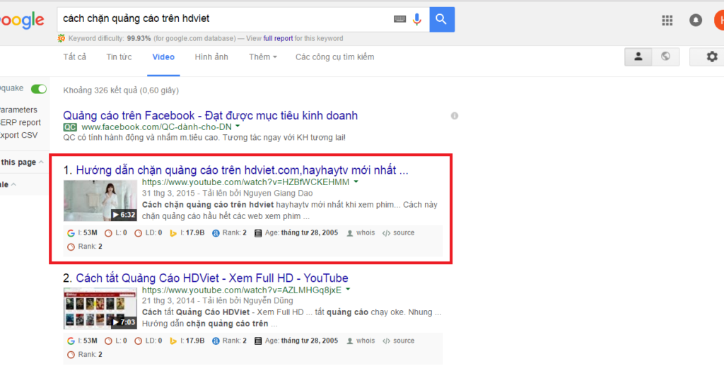 Video được lên top 1 tìm kiếm của google