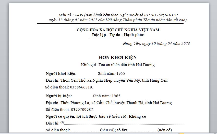 Hồ sơ khởi kiện tranh chấp hợp đồng tại tòa